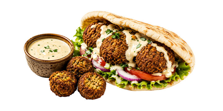 Delicious vegetarian falafel sandwich in pita bread with fresh vegetables and tahini sauce