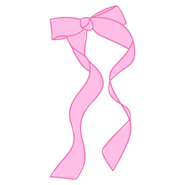 Hand Drawn Pink Ribbon Bow with Wavy Streamers Vector Clipart Coquette Bow Element for Card Corner Decor