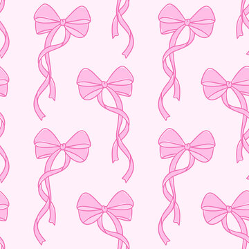 Cute Pink Ribbon Bow Seamless Pattern Hand Drawn Coquette Bow Texture for Girl Nursery and Wrapping Paper