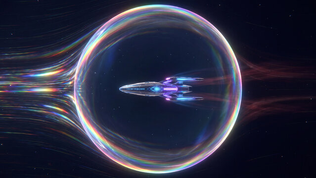 Spaceship travels through deep space enclosed within a glowing chromatic warp drive bubble bending the laws of physics.