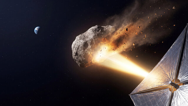 Asteroid is targeted and disintegrated by a high-energy spacecraft laser beam to protect Earth from cosmic collision.