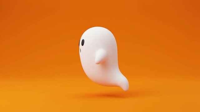 Cute white ghost toy rotating in mid air on bright orange background, playful halloween visual.