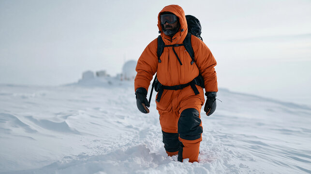 Antarctic expedition member trudging through deep snow in a heavy orange insulated jumpsuit, backpack strapped on, weather station equipment visible behind, white featureless