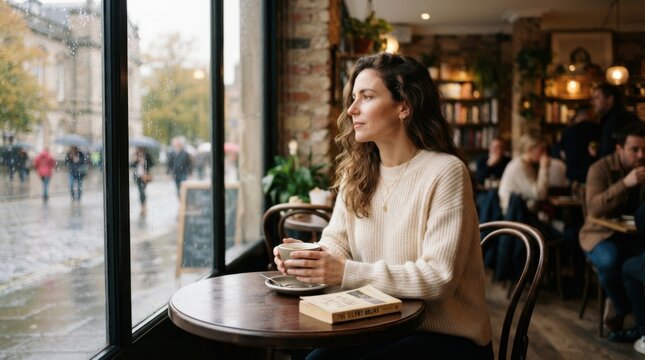 Thoughtful woman holding coffee cup looking out rainy cafe window indoors