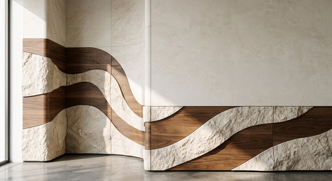 Minimalist interior mockup featuring smooth wall copy space and wavy interlocking wood and rough stone base.