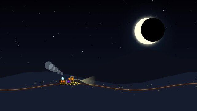 Cute Ghost Steam Train Driving Along Mountain Railway Under Crescent Moon Animation Loop