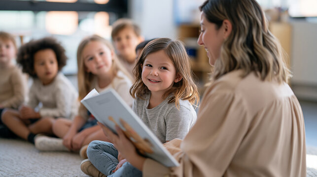 Kindergarten children seated cross-legged on a classroom rug listening to a teacher read aloud from a large picture book, expressions of wonder and curiosity on their faces, early