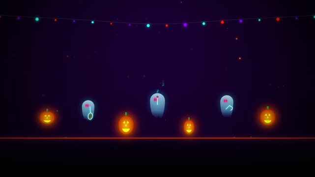 Cute Glowing Musical Ghosts Floating with Jack-o'-Lantern Pumpkins and Party Lights Loop