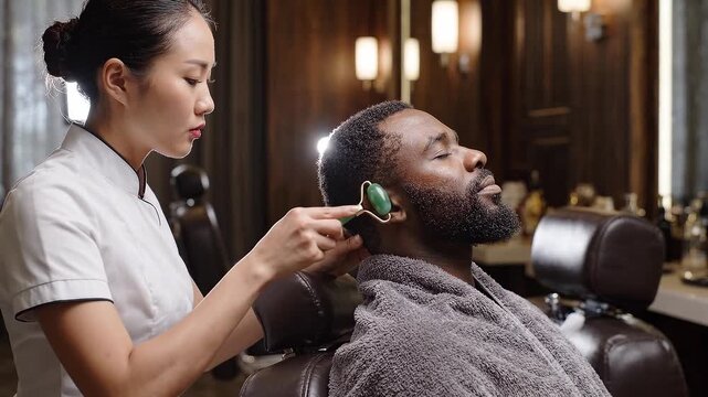A young Asian female professional performs a facial massage on a mature African American man in a spa salon.