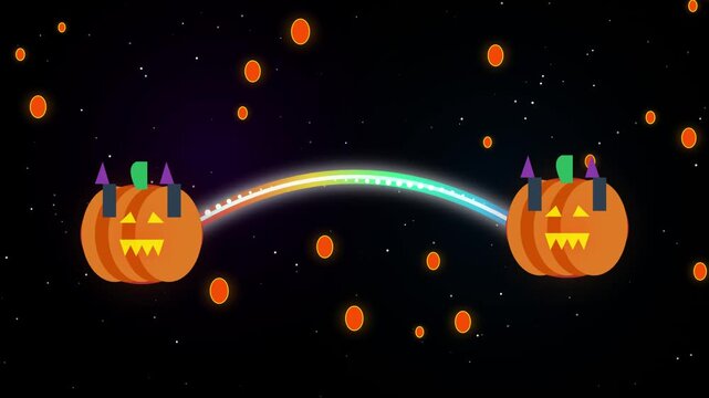 Cute Pumpkin Castles Connected by Rainbow Light Bridge in Space Halloween Loop