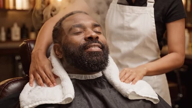 A bearded black man relaxing at a salon while receiving a hot steam towel treatment from a professional.