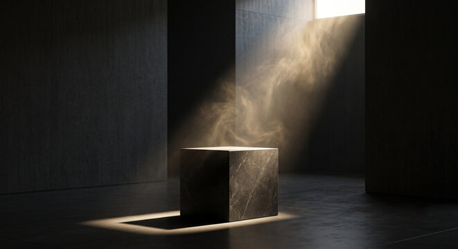 Cinematic dark concrete room mockup featuring spotlight on a solid stone cube with volumetric light and massive copy space.