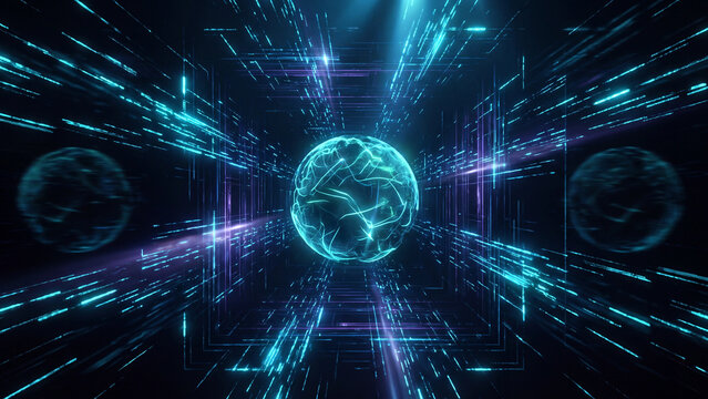 Digital energy sphere floats within a high-speed data tunnel filled with glowing blue lights and futuristic cyber grid patterns.