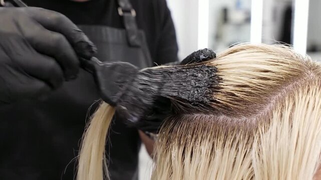 Professional hair colorist applying dark dye to blonde hair of a young Caucasian woman in a modern salon.