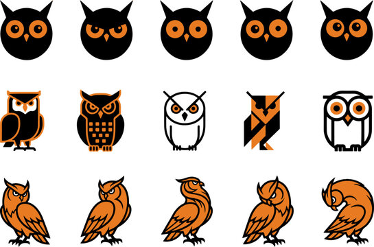 Creepy owl illustrations in orange and black