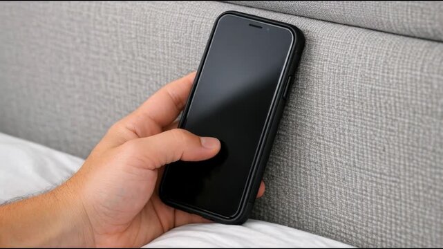 A person holding a black phone, with a hand wrapped around it