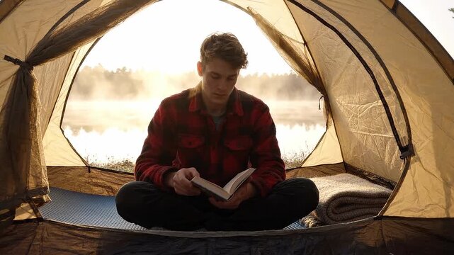 A young male adult reading a book while sitting inside a camping tent near a misty lake during sunrise.