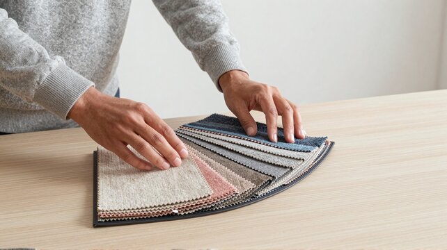 Person touching carpet samples on a table
