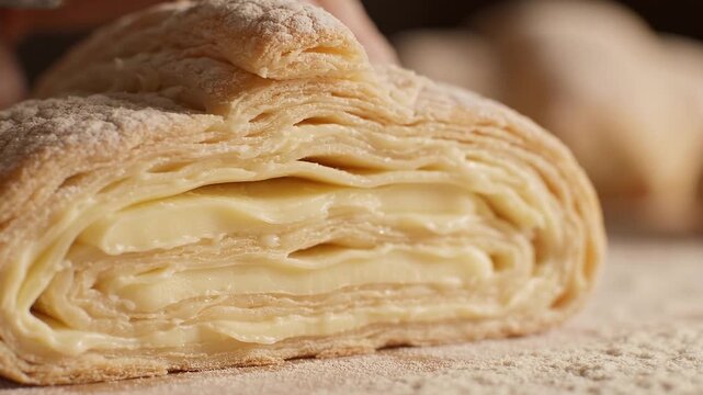 A chef cuts a piece of fresh puff pastry with cream filling for a Caucasian customer in a bakery kitchen.