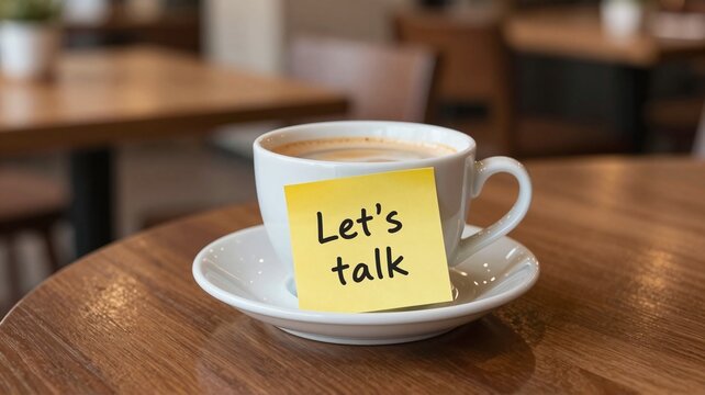 A white cup of coffee with a yellow sticky note that says let's talk on a wooden table in a cafe