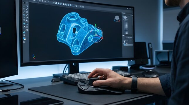 Engineer using 3D modeling software on computer in modern office studio
