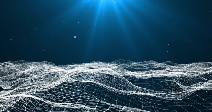 Aerial camera glides over a blue plexus matrix wave terrain in motion. Distant light beams reveal complex lattice connections and floating glowing particles.