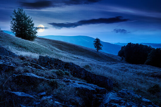 mountain field at night. full moon over countryside late summer view with beech forest on the grassy hill. fluffy clouds on a dark sky. mysterious nature background