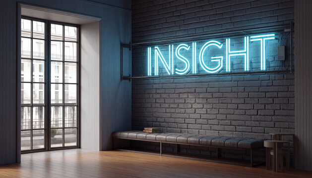 Empty entry room with dark bricks wall displaying word INSIGHT in blue neon letters. Concept of business understanding and awareness. Generative AI