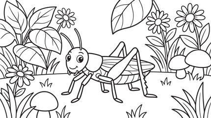 Fototapeta premium Coloring page for children featuring a friendly cartoon grasshopper standing in a garden with flowers, leaves, and mushrooms, black and white line also transparent background