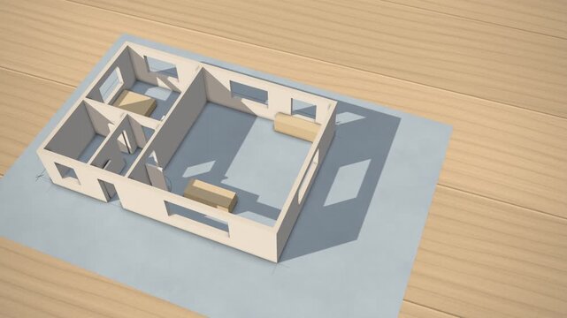 Architectural floor plan drawn on blue paper rises into a white foam board house model with opening doors, real estate concept, seamless loop