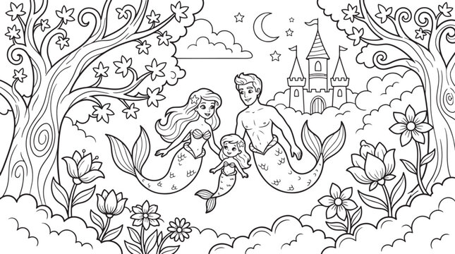 Coloring page featuring a mermaid family, mother, father, and child swimming in a magical landscape with a distant castle, trees, and flowers also transparent background