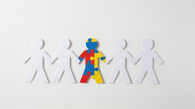 Paper chain of figures with one highlighted as a colorful puzzle piece representing inclusion