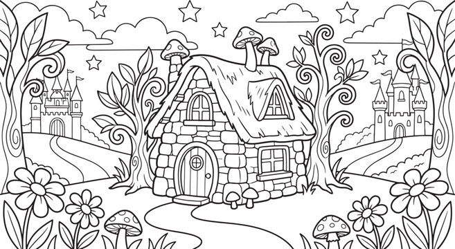Coloring page featuring a stone cottage with a thatched roof, mushroom chimneys, and whimsical trees, flanked by two distant castles under a starry sky also transparent background
