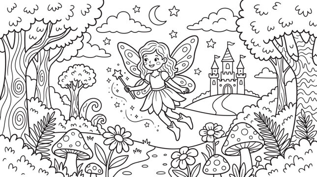 Coloring page for children featuring a cute fairy flying with a magic wand in a whimsical forest landscape with a distant castle, mushrooms, and flowers also transparent background