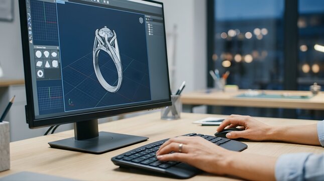 Jewelry Designer Working on a 3D Ring Model on Computer in Office Studio