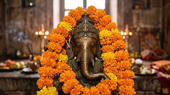 Brass idol of Lord Ganesha decorated with bright marigold flower garlands during Hindu festival celebration