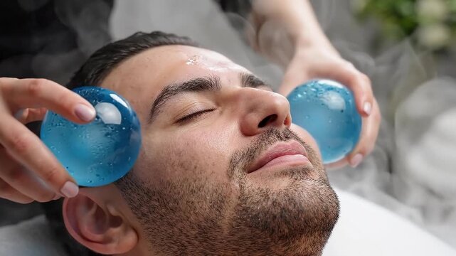 A relaxed middle aged man receives a cooling facial massage with blue glass spheres in a wellness clinic.