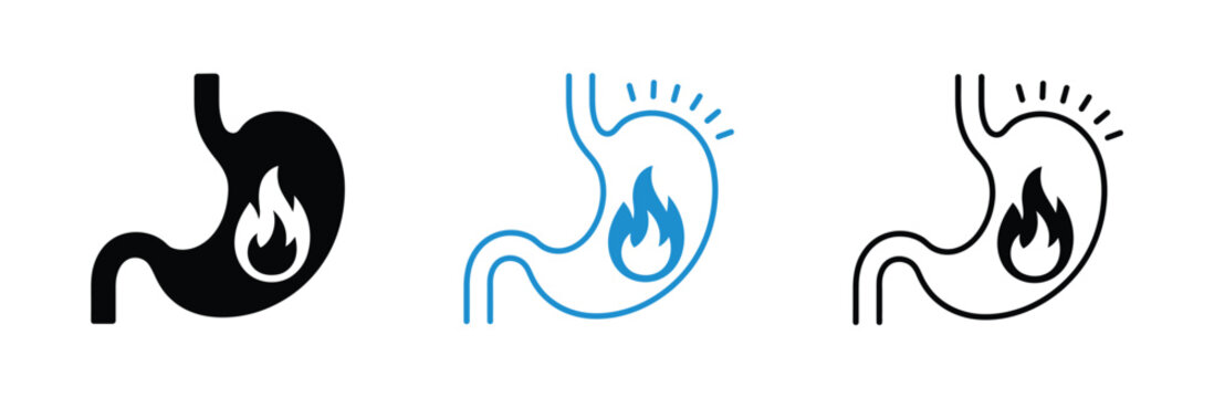 Heartburn stomach icons, acid reflux digestive disorder, gastric pain, indigestion, stomach discomfort and healthcare medical UI line art vector collection