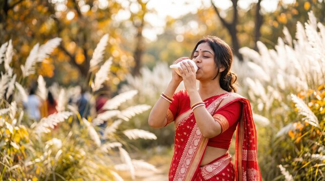 A woman in a red saree blows a conch shell amidst white autumn grass during Durga Puja celebrations