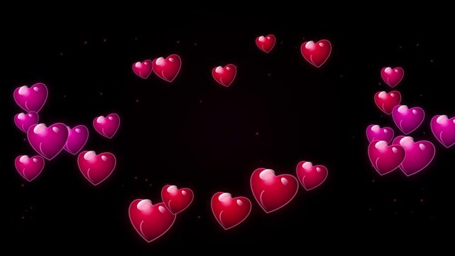 Floating pink and red hearts on a black background
