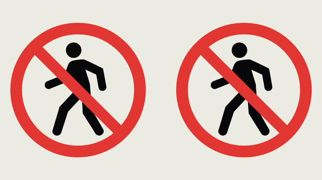 Pedestrian walking not allowed road sign, no entrance prohibition symbol, restricted access pictogram, forbidden walking warning, traffic regulation and safety vector illustration