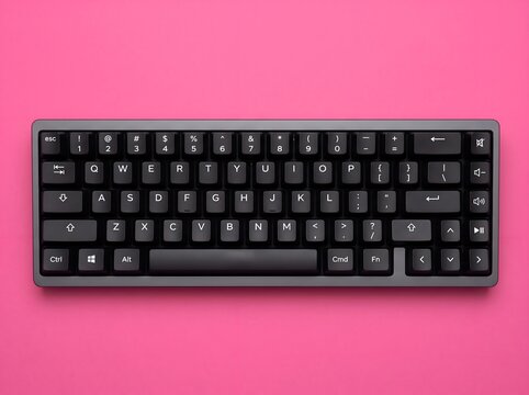 A compact keyboard with grey keys and a dark grey frame, set against a vibrant pink background. The keys display a standard QWERTY layout along with function keys and directional arrows