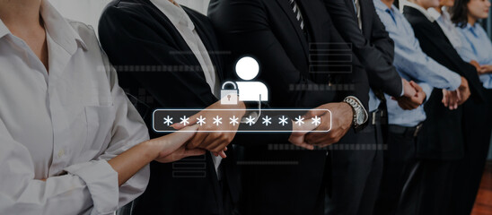 A group of diverse professionals stands together holding hands, symbolizing unity and collaboration in a corporate environment, enhanced by digital security visuals. Trope © InfiniteFlow