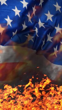 American black and white flag waving burning, with the smoke and intense fire visible