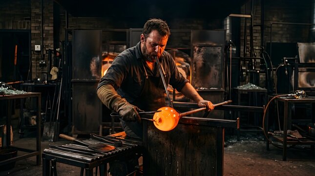Professional glassblower shaping molten glass in a hot workshop furnace