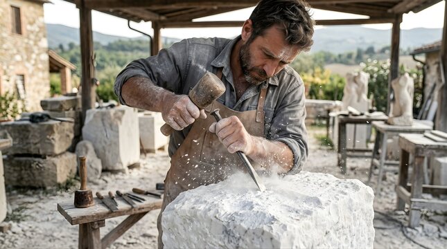 Professional sculptor carving a block of white marble in an outdoor studio