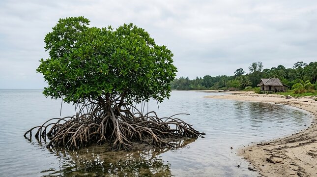 Mangrove tree stands in shallow water on a tranquil beach with a distant hut
