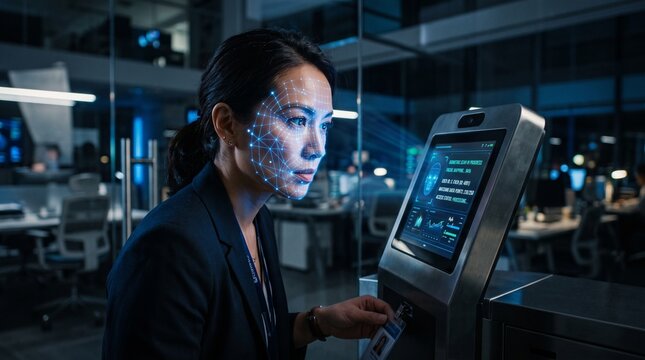 Professional woman using advanced biometric facial recognition security scanner with glowing mapping grid in corporate office.