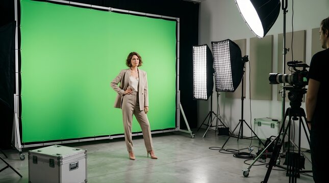 Professional woman standing in front of a green screen in a film studio