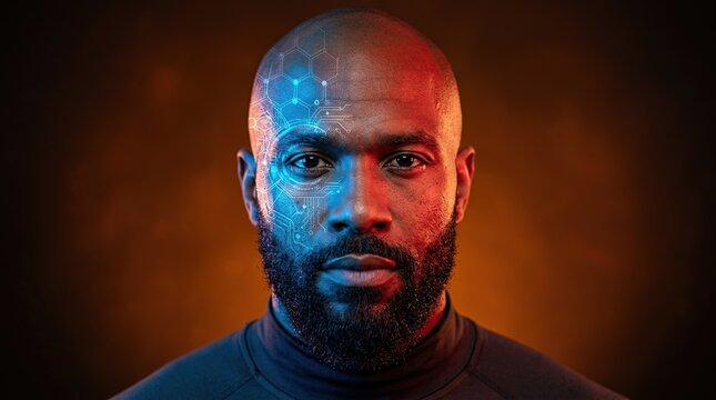 Man with digital patterns on face with symbolizing technology integration